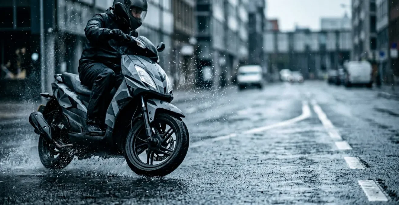 Scène de freinage d'urgence sur scooter équipé d'ABS en conditions urbaines difficiles