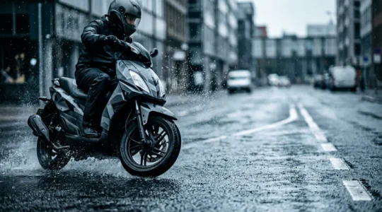 Scène de freinage d'urgence sur scooter équipé d'ABS en conditions urbaines difficiles