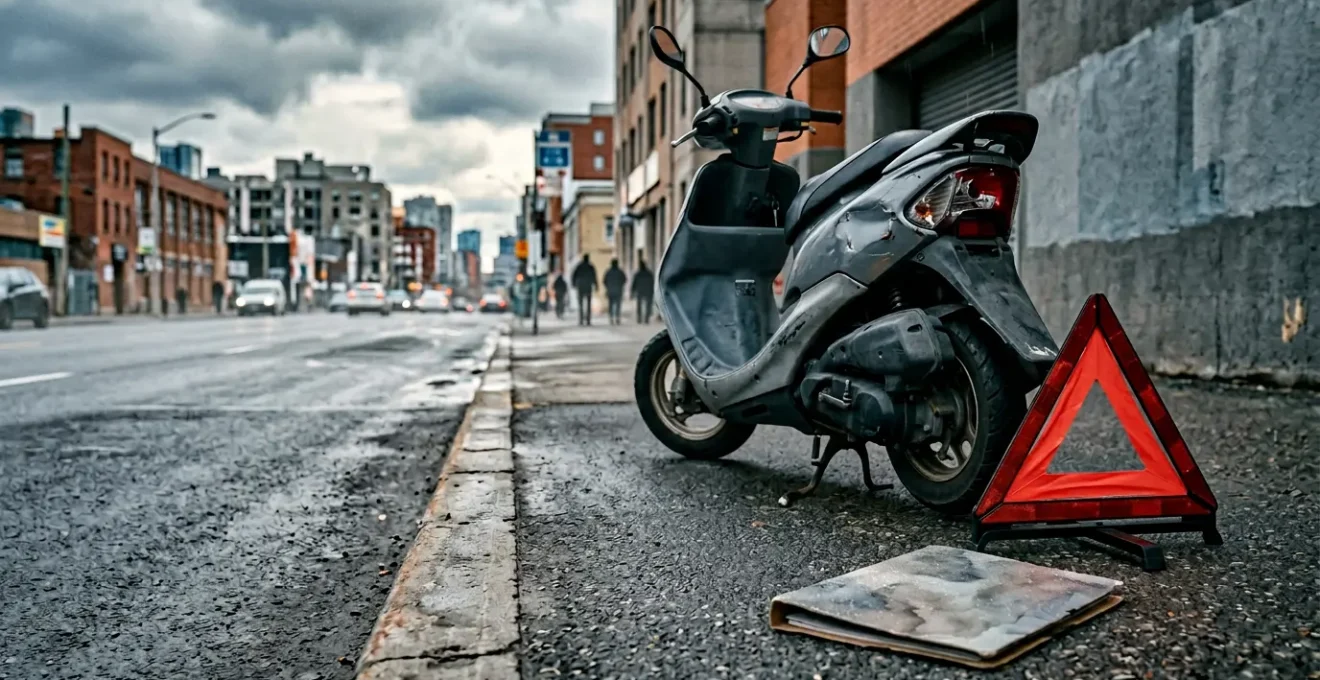 Scooter accidente sur route urbaine avec documents administratifs en arriere-plan