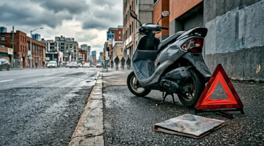 Scooter accidente sur route urbaine avec documents administratifs en arriere-plan