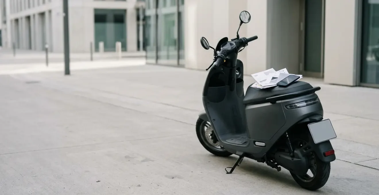 Scooter moderne gare devant une facade urbaine avec documents administratifs disposes sur le siege