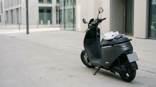 Scooter moderne gare devant une facade urbaine avec documents administratifs disposes sur le siege
