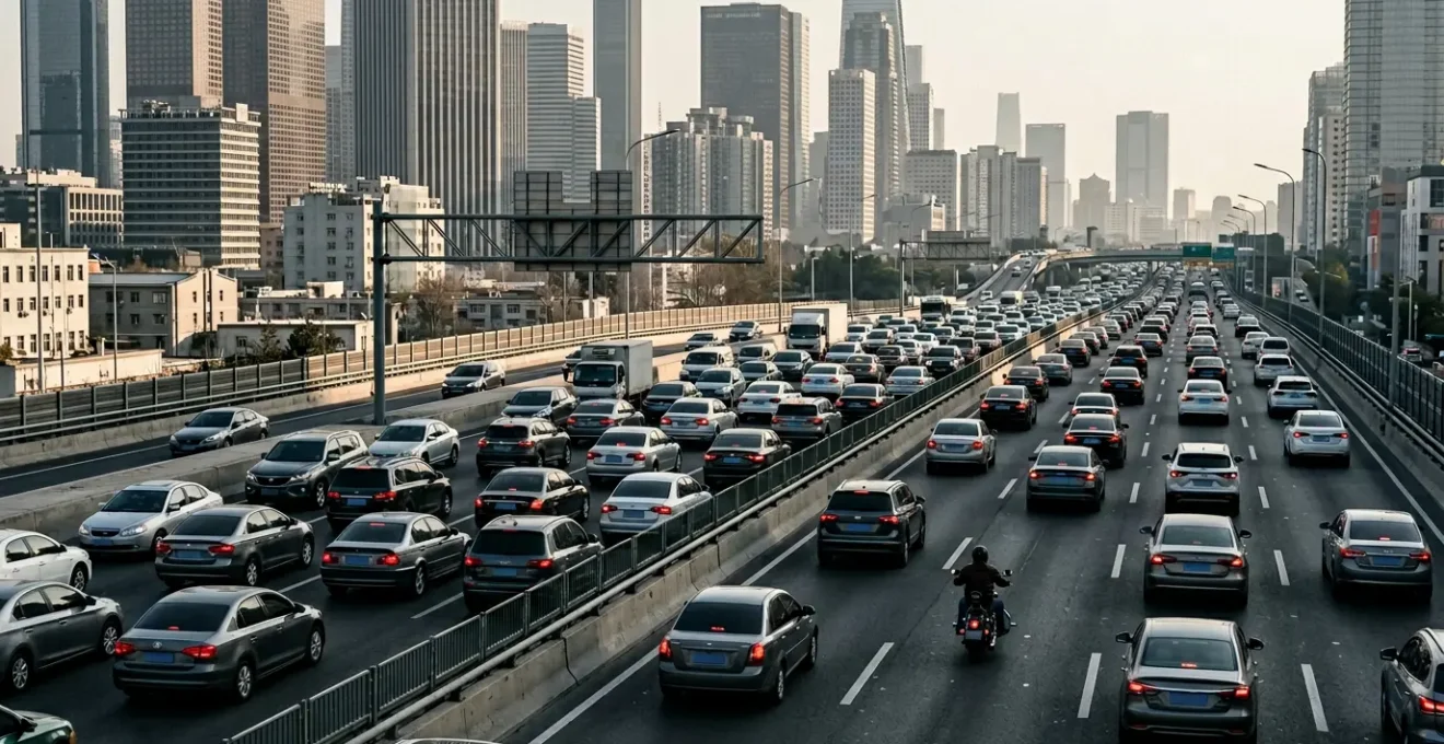 Motocycliste pratiquant la circulation entre les files de voitures sur une autoroute urbaine en toute sécurité