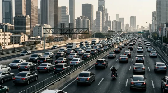 Motocycliste pratiquant la circulation entre les files de voitures sur une autoroute urbaine en toute sécurité