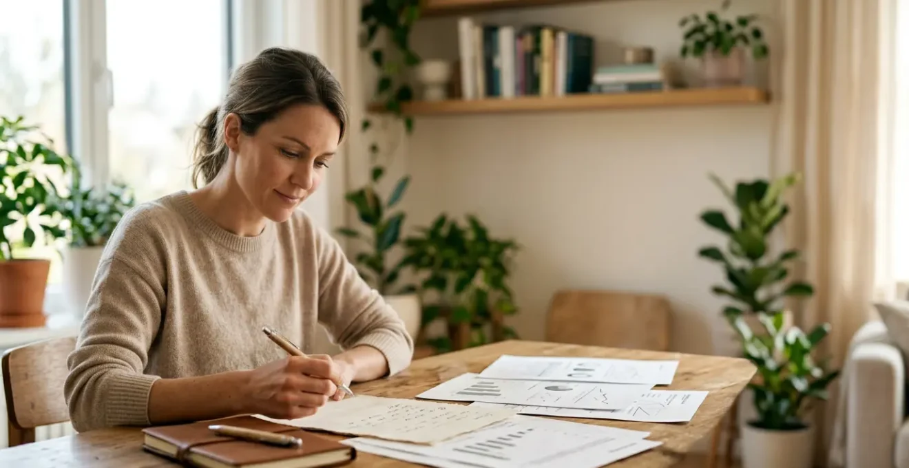 Personne consultant sereinement des documents d'assurance dans un environnement calme et organisé