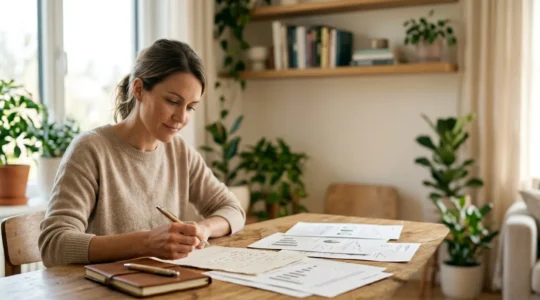 Personne consultant sereinement des documents d'assurance dans un environnement calme et organisé