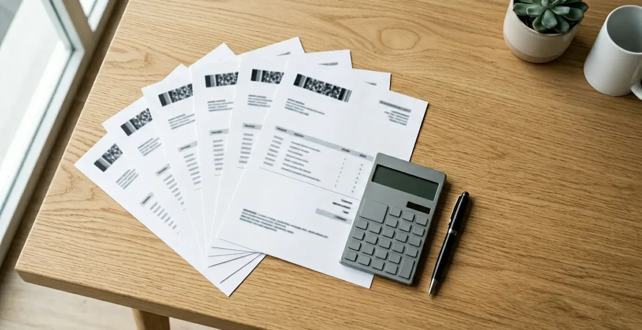 Gros plan sur des documents d'assurance scooter disposés en éventail avec calculatrice et stylo