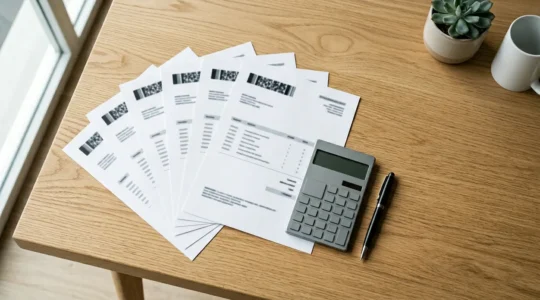 Gros plan sur des documents d'assurance scooter disposés en éventail avec calculatrice et stylo