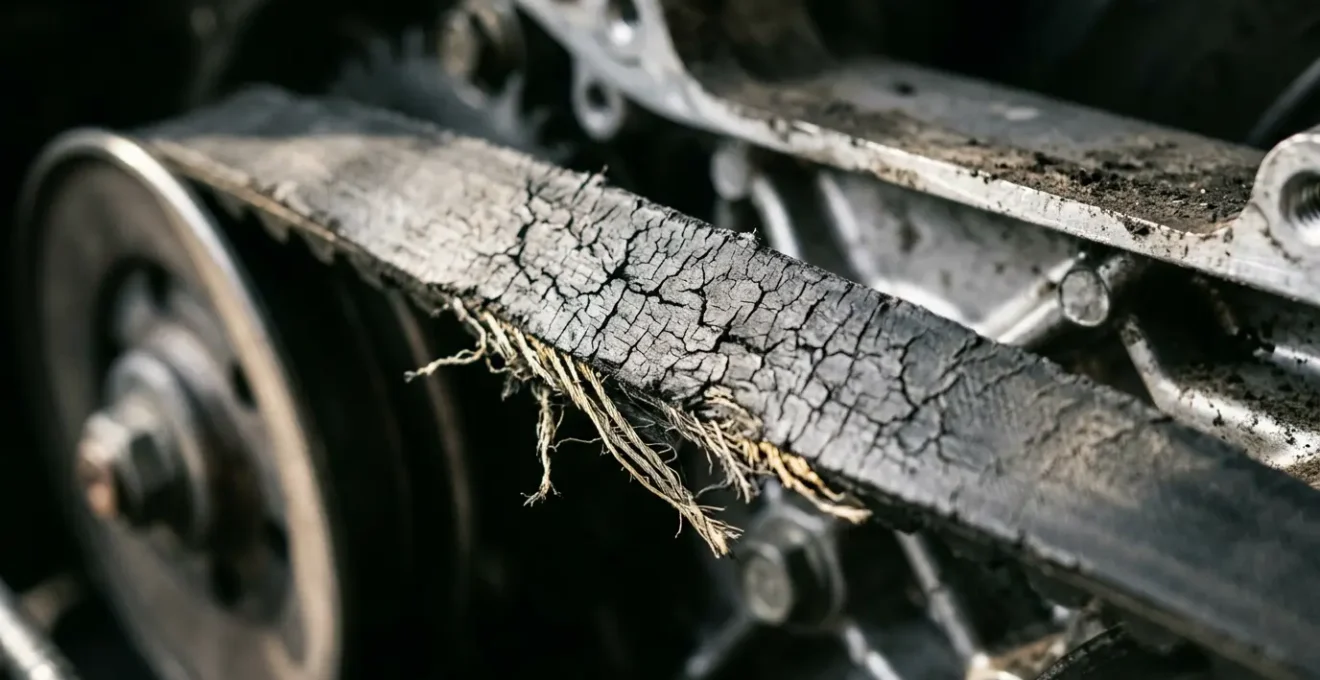 Gros plan sur une courroie de transmission de scooter à variateur montrant des signes d'usure critique