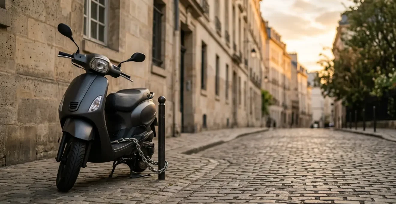 Scooter 125cc moderne stationné en milieu urbain avec équipements de sécurité