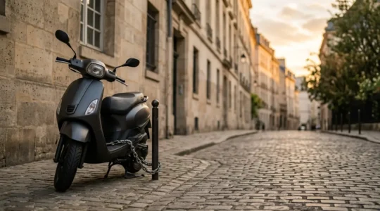 Scooter 125cc moderne stationné en milieu urbain avec équipements de sécurité