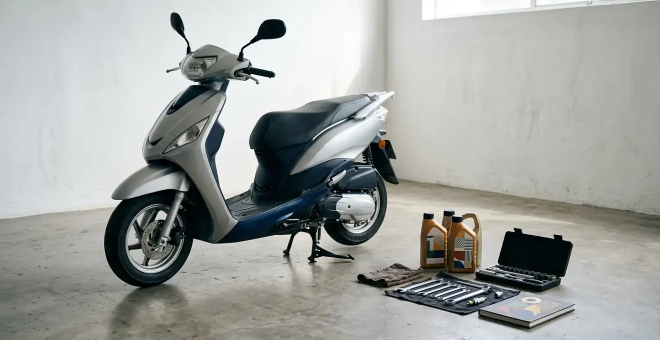 Scooter moderne avec outils d'entretien et carnet de maintenance illustrant l'économie par la prévention