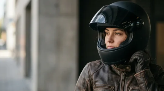 Équipement de protection moto haut de gamme avec casque intégral et blouson en cuir
