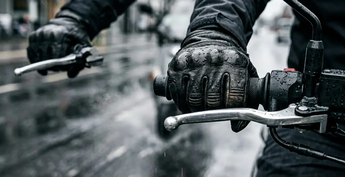 Scooter freinant en urgence sur chaussée humide avec effet de transfert de masse visible