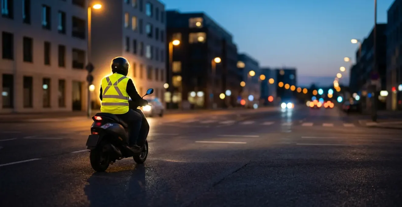Conducteur de scooter portant un gilet haute visibilité dans un environnement urbain nocturne