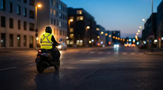 Conducteur de scooter portant un gilet haute visibilité dans un environnement urbain nocturne