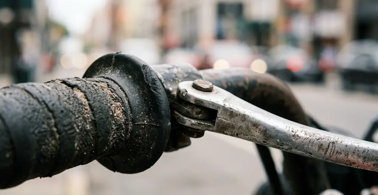 Gros plan sur un guidon de scooter avec poignees et leviers de commande dans un environnement urbain naturel