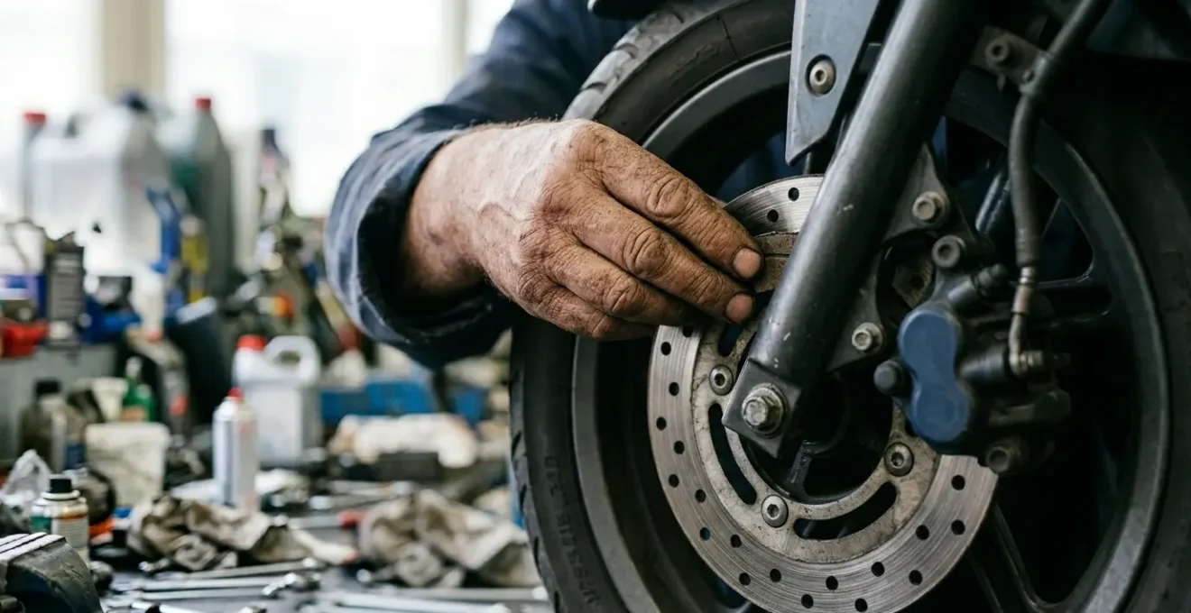 Mécanicien inspectant minutieusement les plaquettes de frein d'un scooter pour garantir la sécurité routière