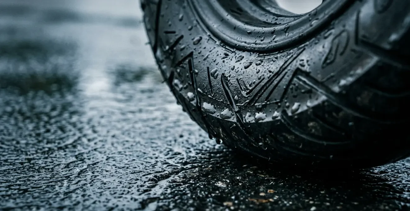 Gros plan d'un pneu de scooter 125 sur chaussée mouillée illustrant l'adhérence et la sécurité
