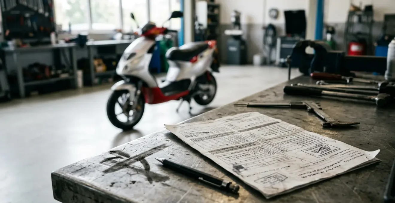 Gros plan sur un rapport de contrôle technique moto avec scooter en arrière-plan flou dans un garage