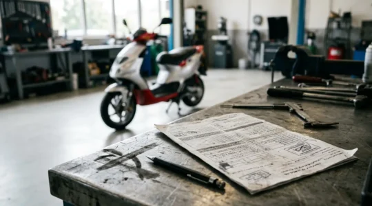 Gros plan sur un rapport de contrôle technique moto avec scooter en arrière-plan flou dans un garage