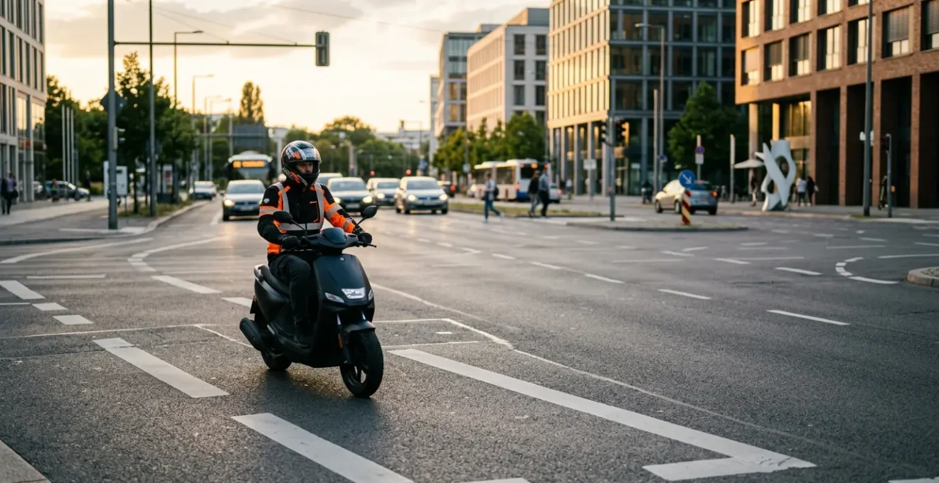 Scootériste équipé circulant de manière sécurisée en environnement urbain