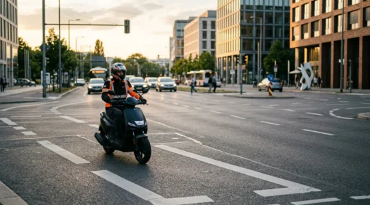 Scootériste équipé circulant de manière sécurisée en environnement urbain