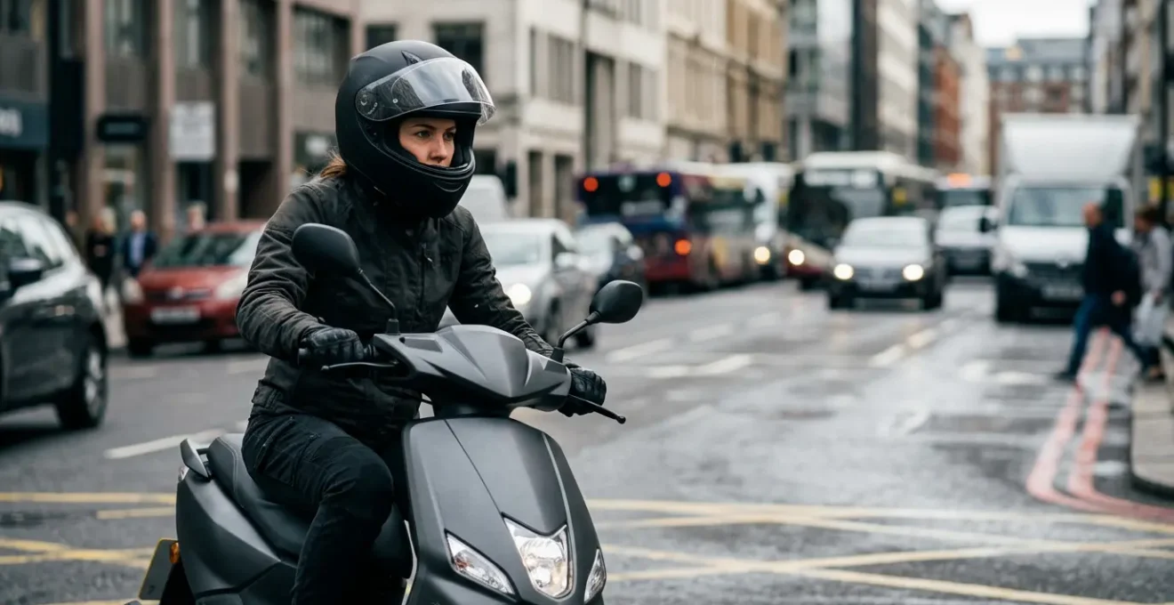 Scootériste en ville face à des situations de conduite complexes révélant des règles méconnues du code de la route