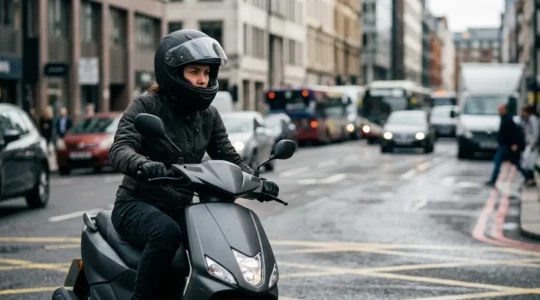 Scootériste en ville face à des situations de conduite complexes révélant des règles méconnues du code de la route