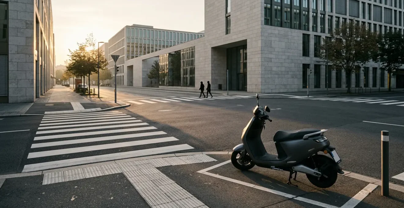 Scene urbaine montrant un scooter et un passage pieton dans un environnement de ville, evoquant la responsabilite et la securite routiere