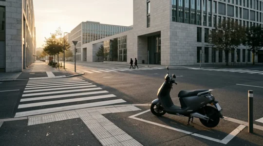 Scene urbaine montrant un scooter et un passage pieton dans un environnement de ville, evoquant la responsabilite et la securite routiere