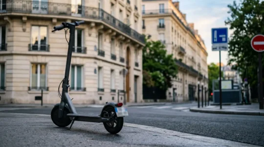 Scooter urbain dans une zone à faibles émissions avec vignette Crit'Air visible
