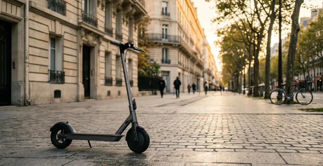 Scooter électrique moderne en environnement urbain français illustrant la mobilité économique et écologique en ville