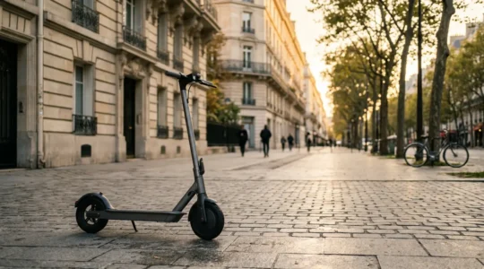 Scooter électrique moderne en environnement urbain français illustrant la mobilité économique et écologique en ville