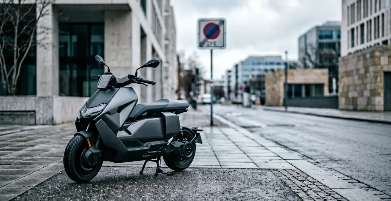 Scooter urbain garé devant un panneau de zone à faibles émissions en hiver