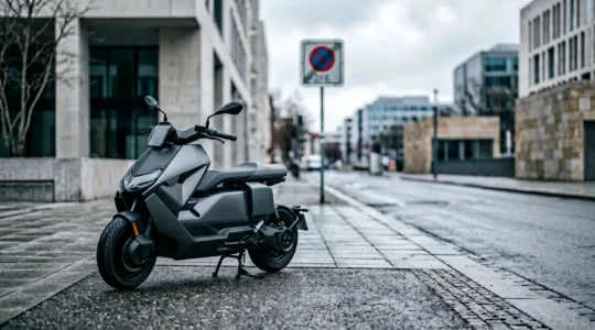 Scooter urbain garé devant un panneau de zone à faibles émissions en hiver