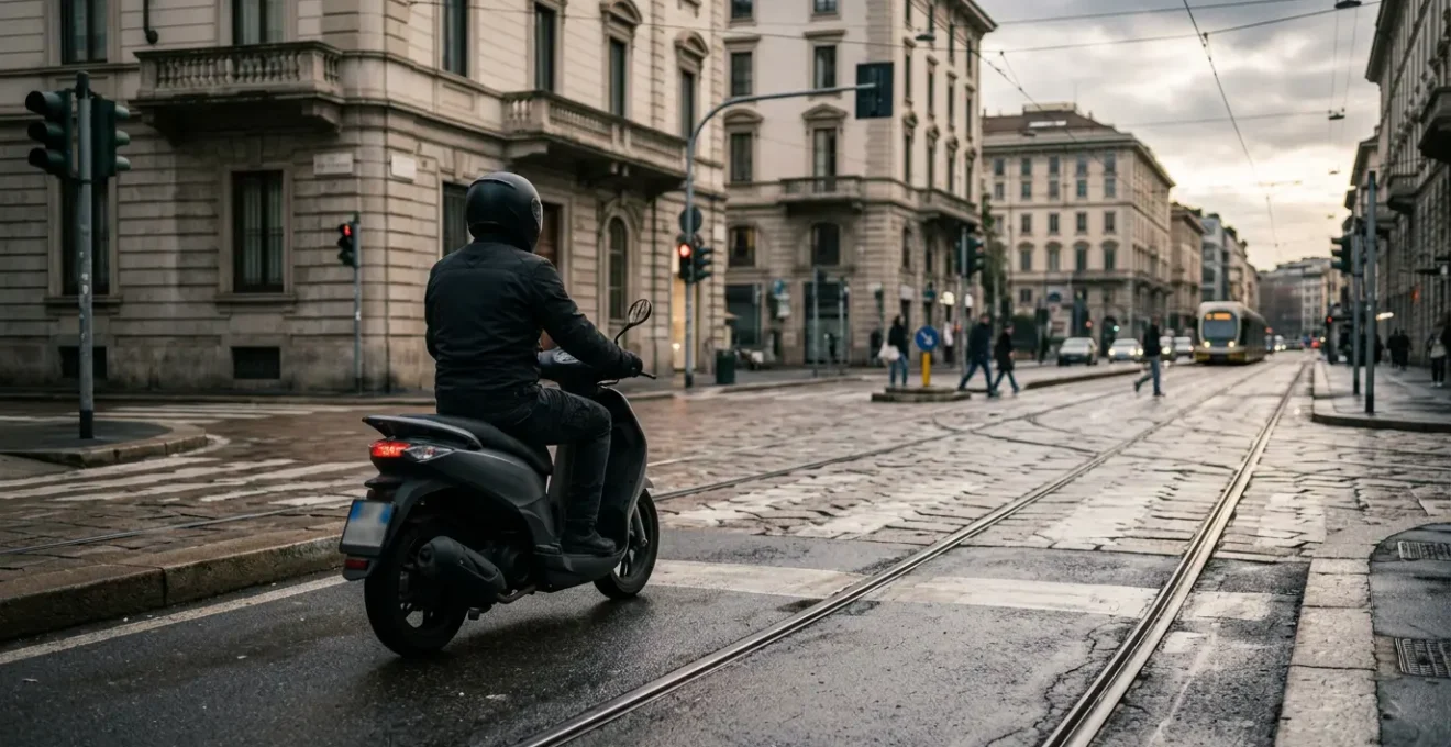 Scooter circulant prudemment à proximité d'une intersection avec voies de tramway en environnement urbain