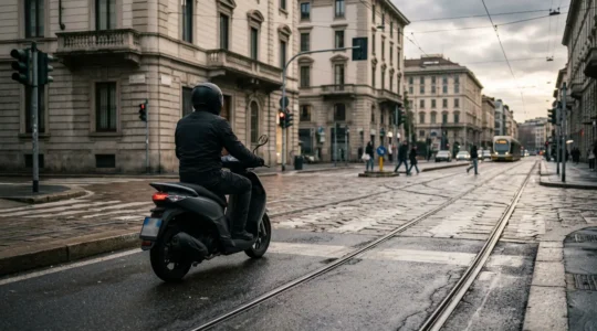 Scooter circulant prudemment à proximité d'une intersection avec voies de tramway en environnement urbain