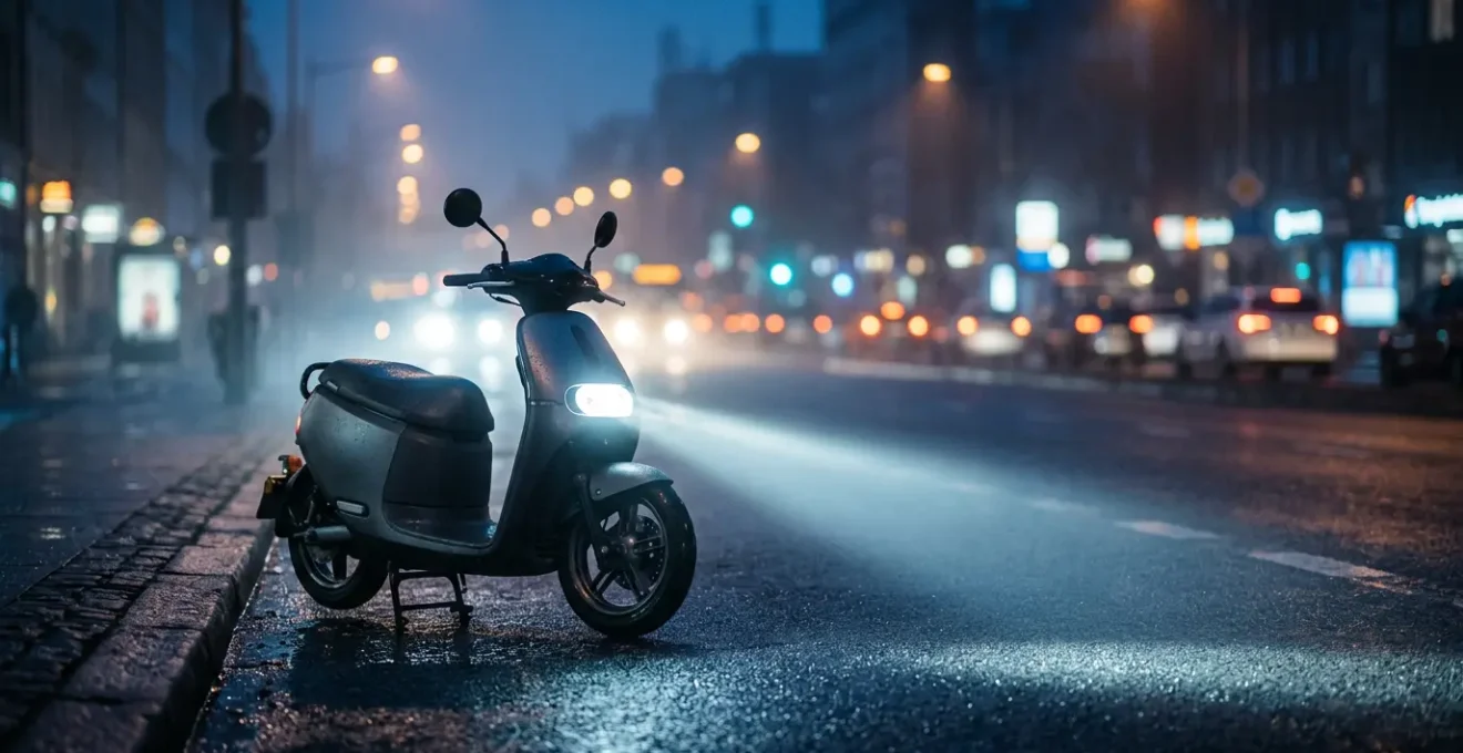 Phare LED de scooter éclairant la route urbaine de nuit avec visibilité renforcée