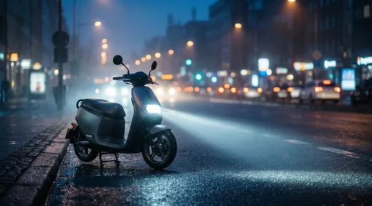 Phare LED de scooter éclairant la route urbaine de nuit avec visibilité renforcée