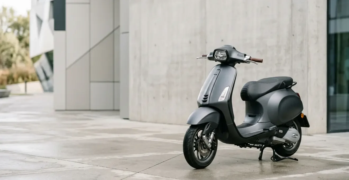 Scooter moderne impeccablement entretenu garé dans un environnement urbain épuré, symbolisant la valorisation du patrimoine deux-roues