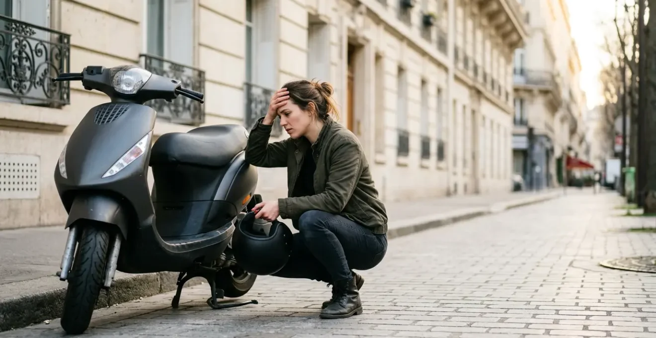 Scooter immobilisé devant un immeuble urbain ne pouvant pas démarrer