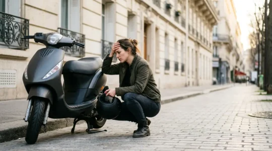 Scooter immobilisé devant un immeuble urbain ne pouvant pas démarrer