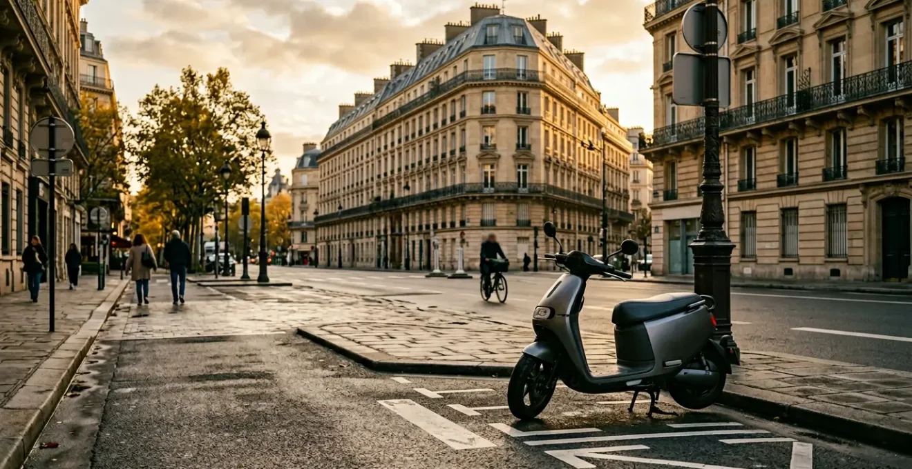 Scooter garé sur emplacement dédié deux-roues dans une rue parisienne typique