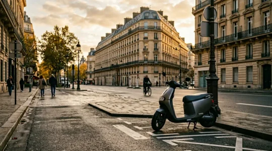 Scooter garé sur emplacement dédié deux-roues dans une rue parisienne typique