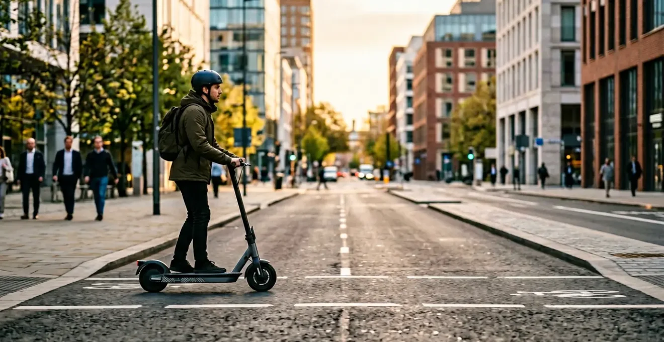 Scooter moderne en déplacement sur trajet urbain illustrant la mobilité économique