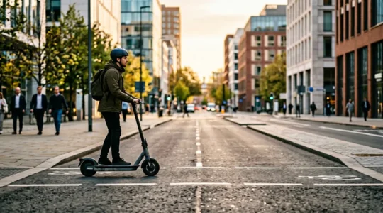 Scooter moderne en déplacement sur trajet urbain illustrant la mobilité économique