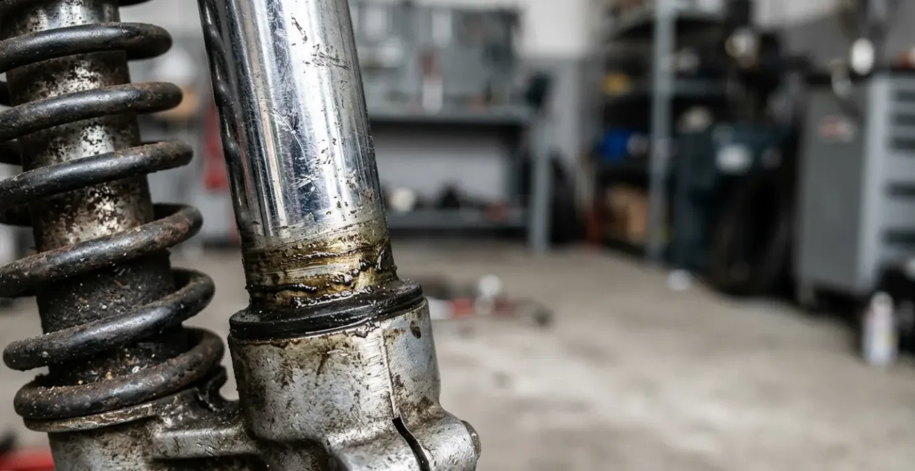 Gros plan détaillé sur un amortisseur de scooter montrant des traces d'usure et de fatigue mécanique