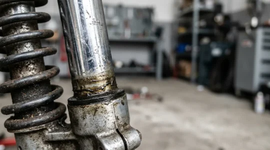 Gros plan détaillé sur un amortisseur de scooter montrant des traces d'usure et de fatigue mécanique