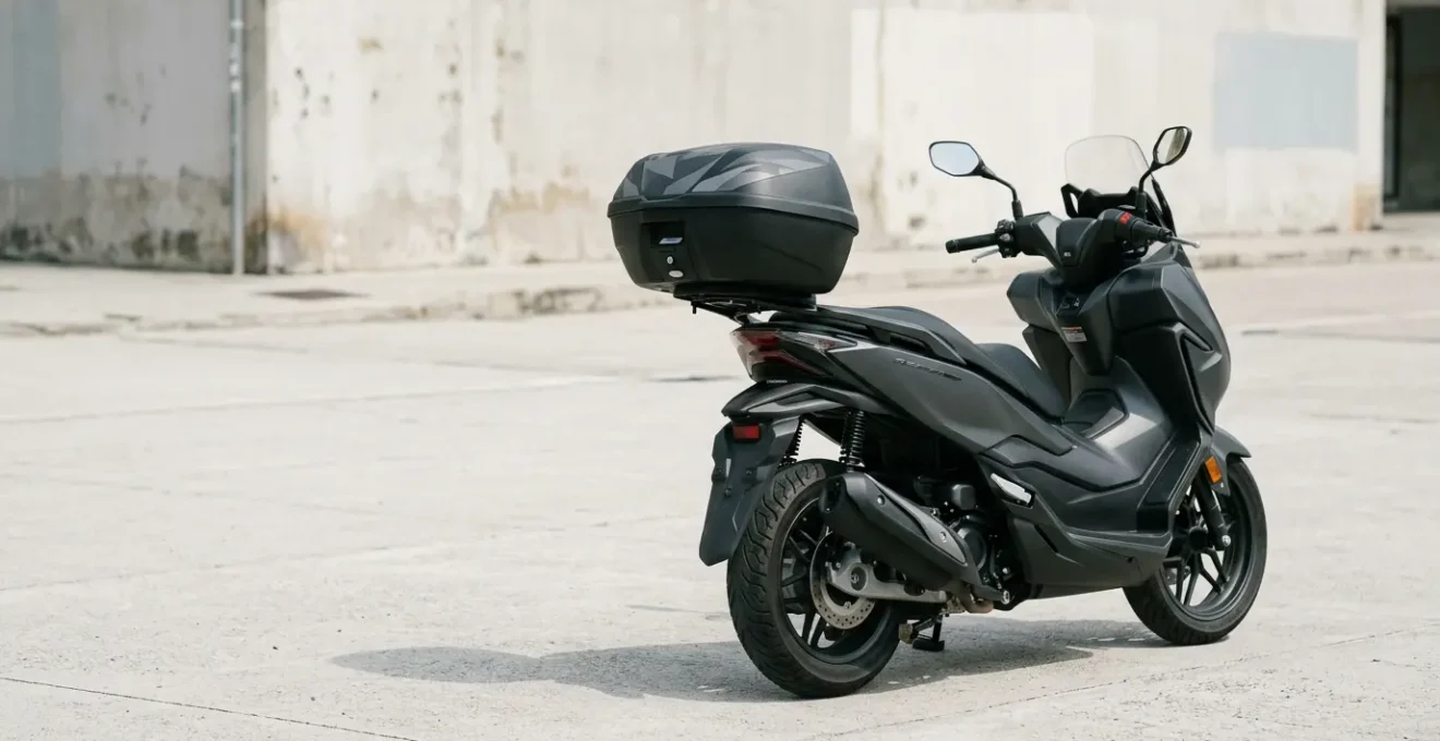 Top case de scooter installé sur un deux-roues en milieu urbain